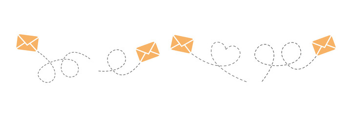 Poster - Envelope with line dotted route set. Flying mails group. Sending message linear collection. Vector isolated on white