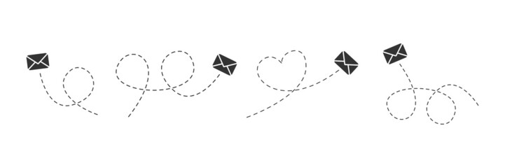 Poster - Envelope with line dotted route set. Flying mails group. Sending message linear collection. Vector isolated on white