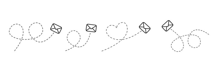 Poster - Envelope with line dotted route set. Flying mails group. Sending message linear collection. Vector isolated on white