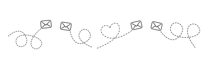 Poster - Envelope with line dotted route set. Flying mails group. Sending message linear collection. Vector isolated on white