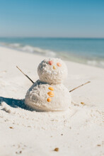 Winter Snowman On Florida Beach During Christmas