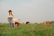 Woman Rancher Standing With Cow Dogs In Pasture With Cows