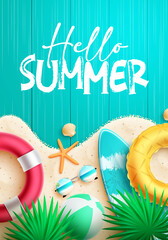 Fototapete - Summer greeting vector poster design. Hello summer text in wood texture with sand, floaters and leaves elements for relax and fun tropical season design. Vector illustration.

