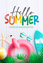 Poster - Hello summer vector poster design. Hello summer greeting text in white texture background with floater, leaves and surfboard elements for tropical holiday season. Vector illustration.
