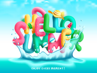 Wall Mural - summer vector concept design. hello summer greeting colorful 3d text in water splash with hat, popsi
