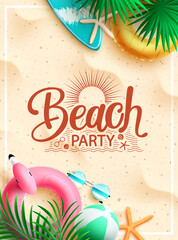 Fototapete - Summer beach vector poster design. Summer beach party text in sand background with floater and leaves element for hot tropical season holiday. Vector illustration.
