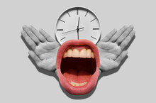 Open Mouth, Human Palms And Clock