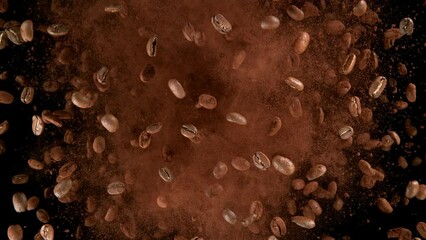 Aufkleber - Super slow motion of rotating coffee beans on black background. Filmed on high speed cinema camera, 1000 fps. Speed ramp effect.