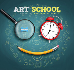 Poster - Back to school vector design. Art school text in chalkboard background with creative doodle and educational tools face for creativity and professional education learning. Vector illustration.
