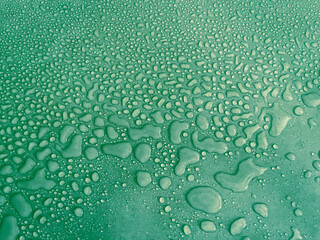 water drops of different sizes on a green surface, drops texture, rain on green tile, rain texture, refreshing background