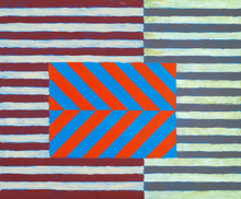 An Abstract Painting With Blocks Made Up From Stripes Of Contrasting Color.