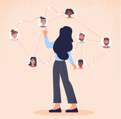 Poster - online networking abstract concept. young woman communicates with friends, relatives and colleagues 