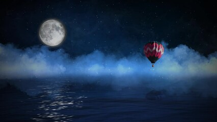 Wall Mural - hot air balloon over water with full moon 4k features an ocean or lake with rolling clouds, a full m