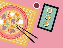 Japanese Food. Vegetarian Ramen And Sushi Maki Illustration