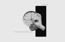 Collage With Hand, Part Of Face And Clock