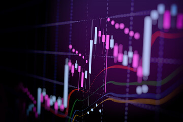 Wall Mural - Financial graph with up trend line candlestick chart in stock market on neon blue and purple color background

