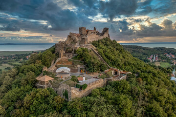 Canvas Print - Aerial view of newly restored Szigliget castle near lake Balaton in Veszprem county Hungary, with dramatic stormy sky