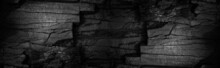 Black White Grunge Background. Old Cracked Damaged Destroyed Stone Wall. Close-up. Hole, Entrance. Backdrop With Space For Design. Wide Banner. Panoramic. Fantasy, Horror Concept.