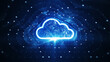 Storage technology concepts transfer data to cloud computing platforms. A large cloud icon stands out in the glowing center and a small cloud icon between polygons connected to a dark blue background.