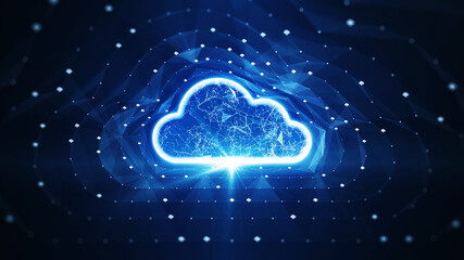 Wall Mural - Storage technology concepts transfer data to cloud computing platforms. A large cloud icon stands out in the glowing center and a small cloud icon between polygons connected to a dark blue background.