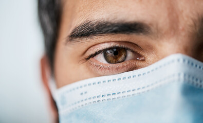 Poster - When will we see an end to this pandemic. Portrait of a man wearing a face mask.