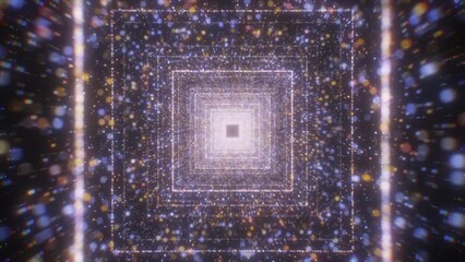 Poster - Moving in square cyber tunnel with particles. Motion. Glowing particles in tunnel with neon squares. Square spatial tunnel with flow of colorful particles