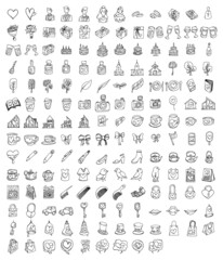 Wall Mural - Wedding Doodle vector icon set. Drawing sketch illustration hand drawn line eps10