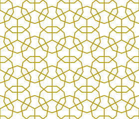 Wall Mural - Modern style geometric tessellated line art shapes of 9-sided nonagons, hexagons and stars in a repeating pattern in gold color outline against a white background, vector illustration