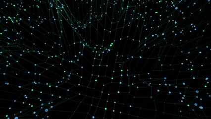 Poster - Vibrating dots with grid on black background. Design. Rapid fluctuations of grid with points in space. Virtual grid fluctuates rapidly