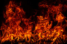 Fire Blaze Flames On Black Background. Fire Burn Flame Isolated, Abstract Texture. Flaming Explosion With Burning Effect. Fire Wallpaper, Abstract Art Pattern With Copy Space.