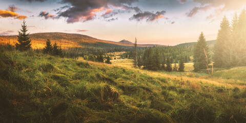 sunset view to luzný mountain (březník - šumava - czechia)