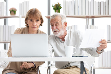 Wall Mural - senior businesswoman and businessman talking and working together with laptop computer