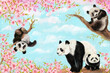 Cute pandas on a sakura tree illustration for postcards and posters