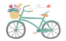 Green Bicycle And Flower Basket Designed In Pastel Tones, Vintage Doodle Style, Great For Cards, Posters, Digital Print Clothing, Fabrics, Spring Theme Decorations And More.