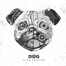 Realistic And Punk Style Pug Dog Face Illustration. Pug Dog Face Silhouette With Gears. Vector Illustration