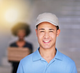 Poster - Another happy customer. Portrait of a happy delivery man making a delivery to a businesswoman in her office.