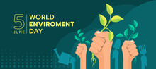 World Environment Day - Hands Holding A Tree Sapling To Be Planted On Dark Green Background Vector Design