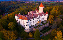 Picturesque Autumn Landscape With Imposing Historic Chateau Konopiste Near Small Czech Town Of Benson At Sunset