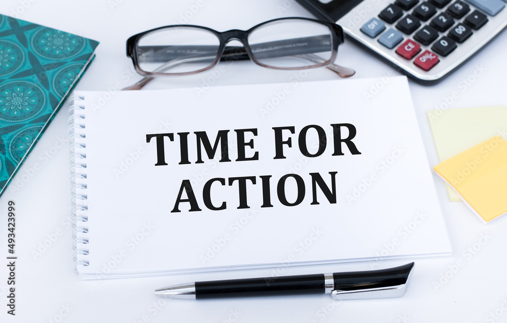 Inblock Tet TIME FOR ACTION text on the paper sheet with chart,color paper and ...