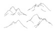 Outline steep mountain range illustration set. Everest black panorama sketch with outdoors rocky cliffs in vector snow