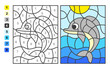 Color by numbers sea and ocean life. Puzzle game for children education, colors for drawing and learning mathematics