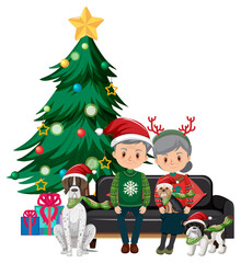 Poster - Elderly couple with dogs wearing Christmas outfits