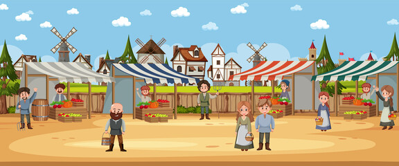 Wall Mural - Medieval town scene with villagers at the market