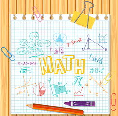 Wall Mural - Doodle math formula with Mathematics font on wood board