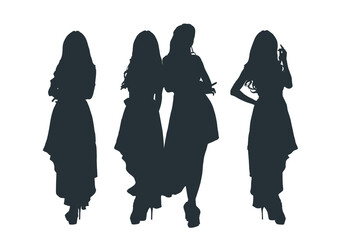 Wall Mural - Gray silhouettes of pretty women group pose on white colour background, flat line vector and illustration.