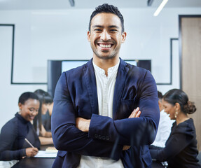 Poster - I always lead my team to greatness. Portrait of a young businessman standing in an office with his colleagues in the background.