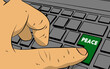 Peace word on computer keyboard. Man push keypad on laptop. Comic book style concept.
