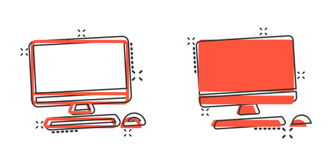 Poster - Personal computer in comic style. Desktop pc cartoon vector illustration on isolated background. Monitor display splash effect sign business concept.