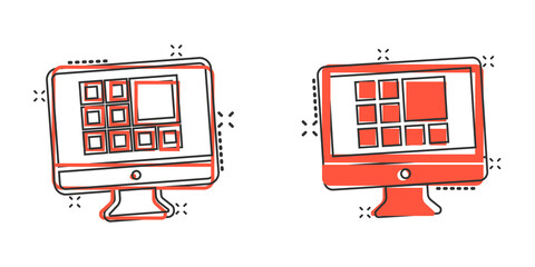 Poster - Personal computer in comic style. Desktop pc cartoon vector illustration on isolated background. Monitor display splash effect sign business concept.