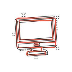 Poster - Personal computer in comic style. Desktop pc cartoon vector illustration on isolated background. Monitor display splash effect sign business concept.